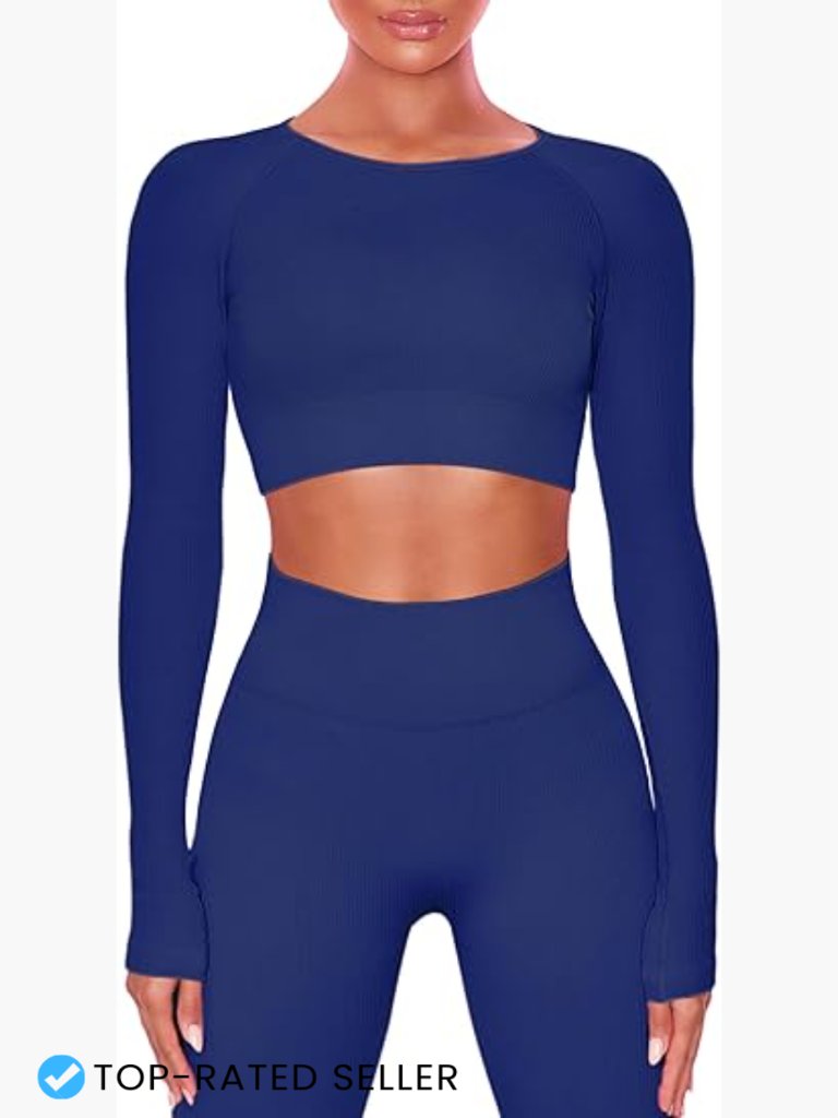 Workout Sets 2 Piece Long Sleeve Yoga Outfits Seamless Ribbed Crop Top High